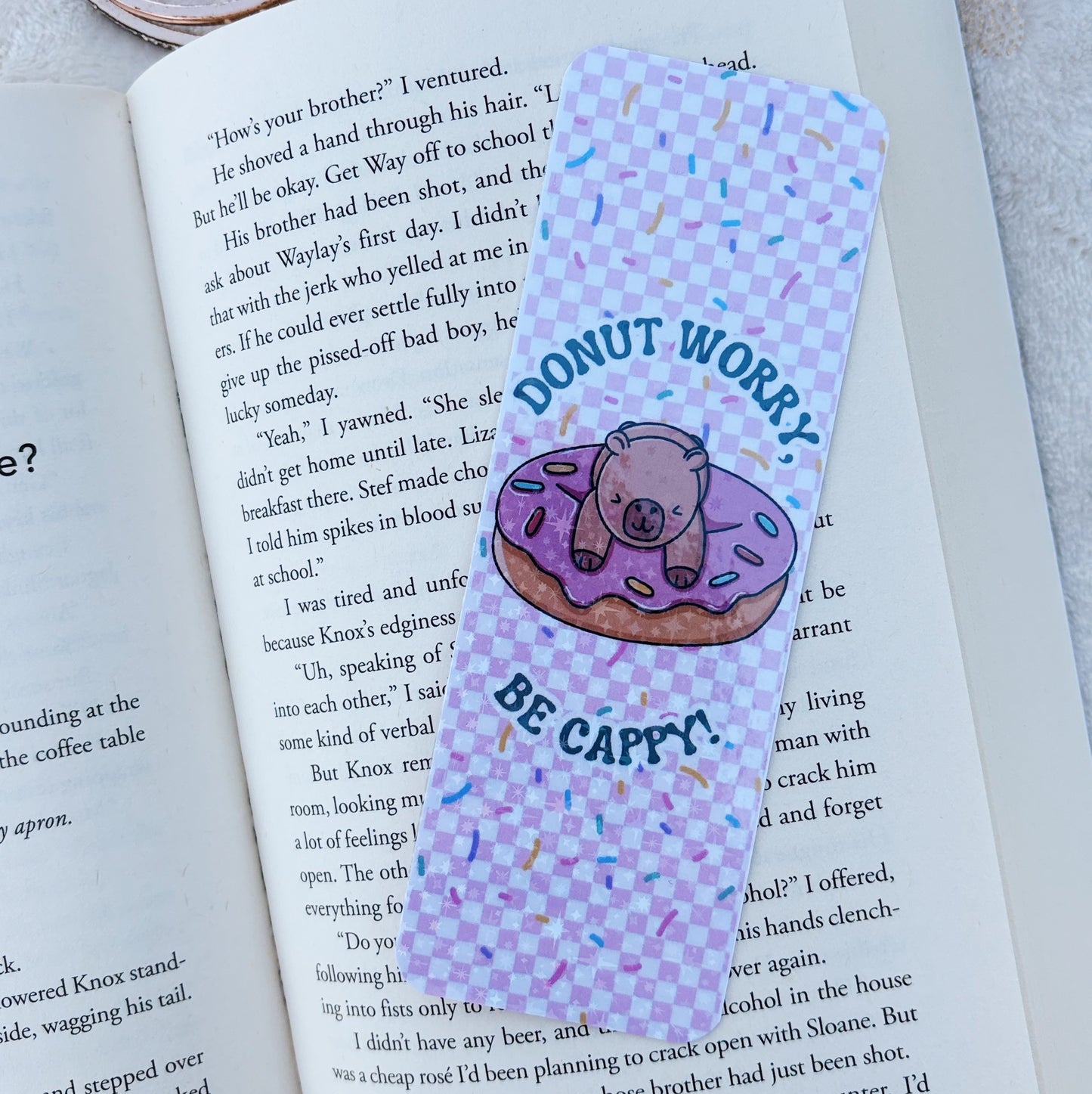 Capybara donut worry be Cappy bookmark