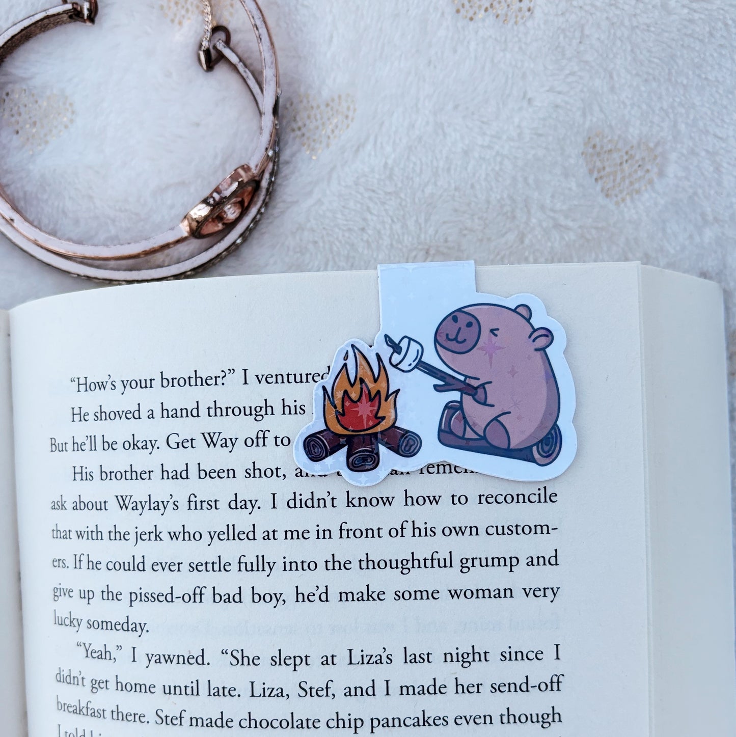 Capybara roasting marshmallows magnetic bookmark