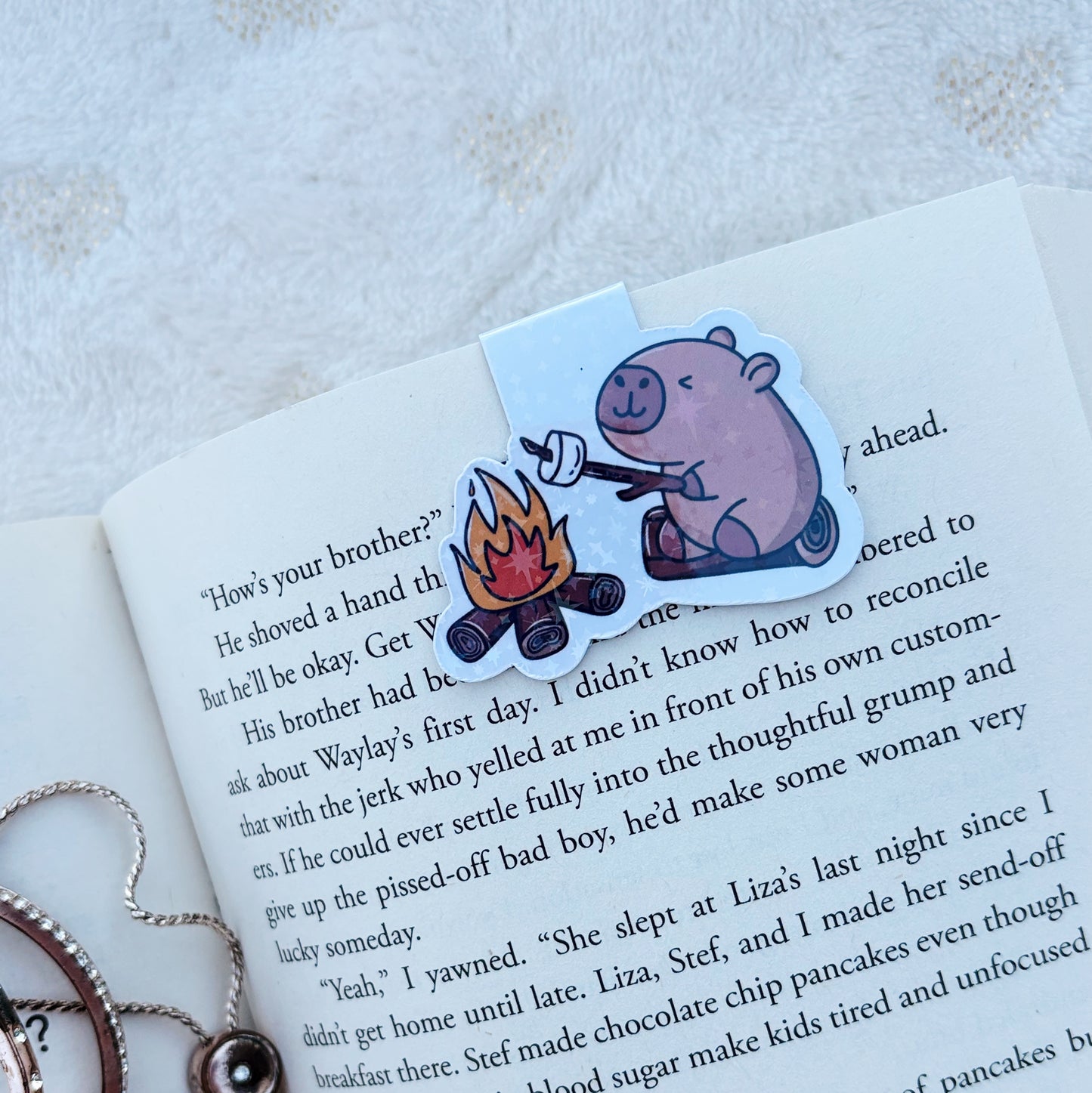 Capybara roasting marshmallows magnetic bookmark