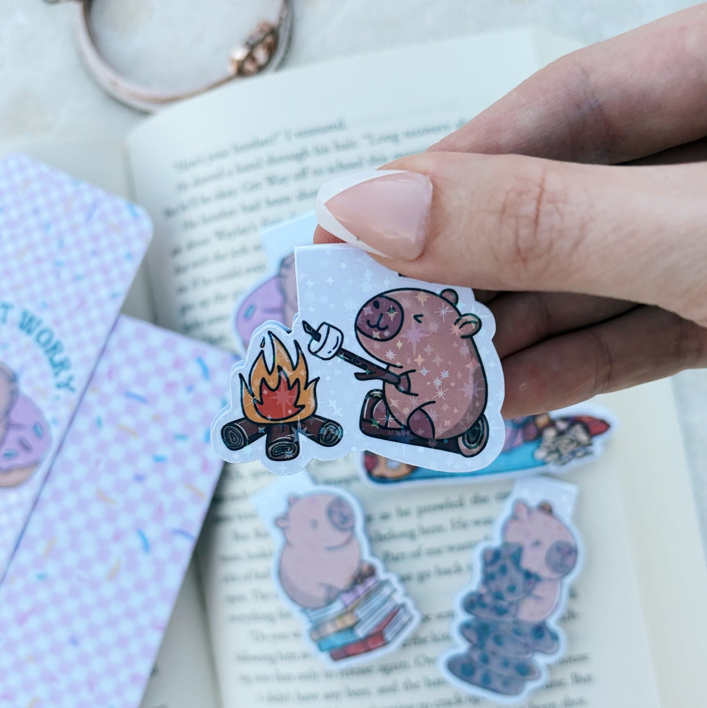 Capybara roasting marshmallows magnetic bookmark
