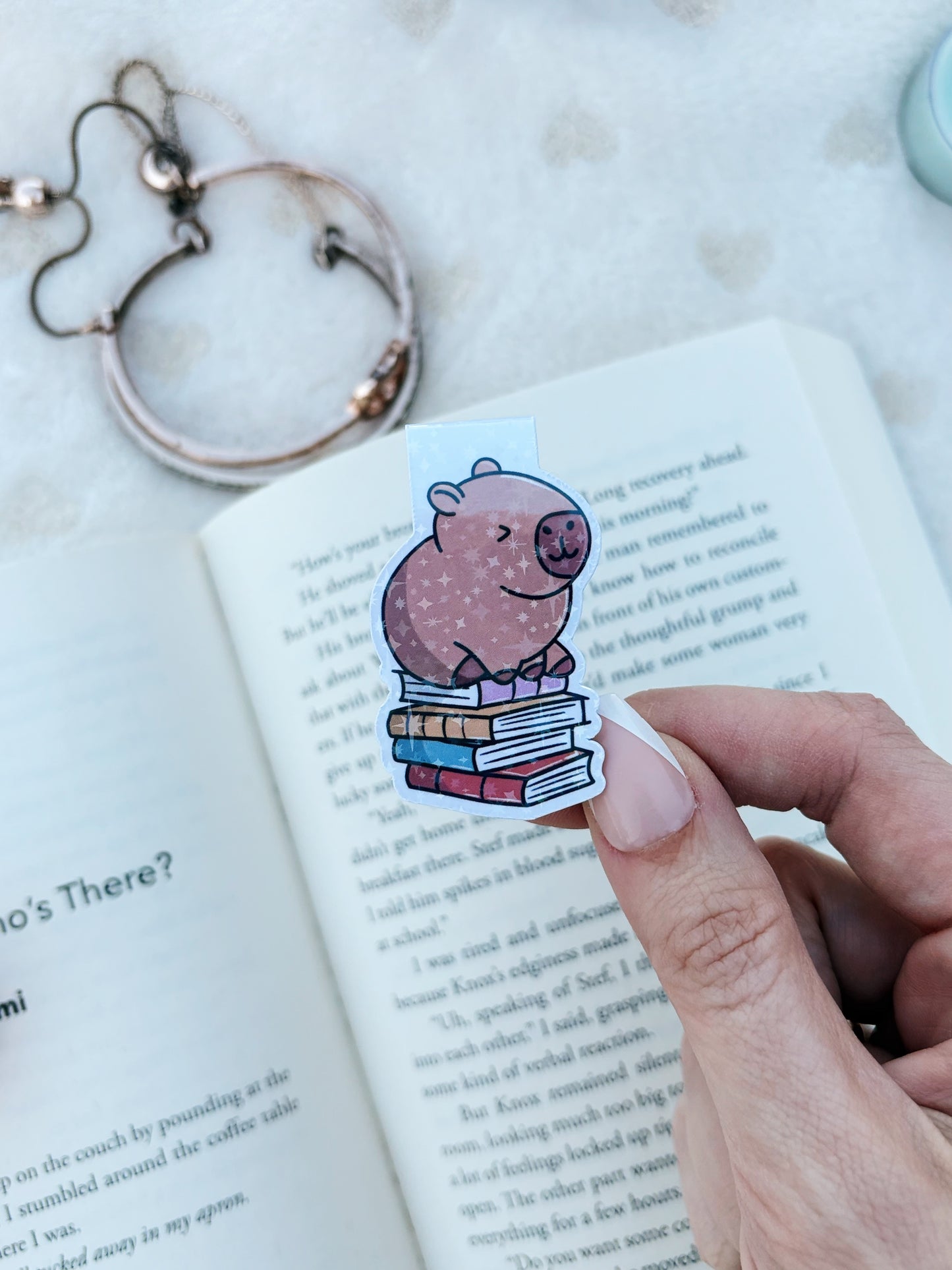 Capybara and stack of books magnetic bookmark