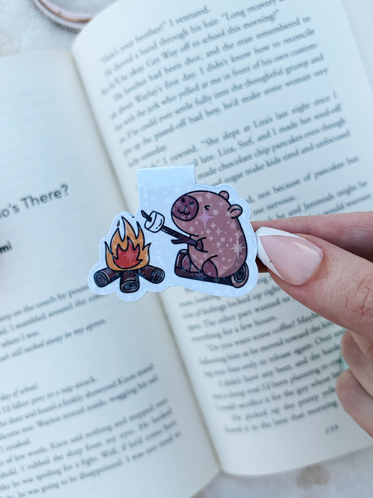 Capybara roasting marshmallows magnetic bookmark