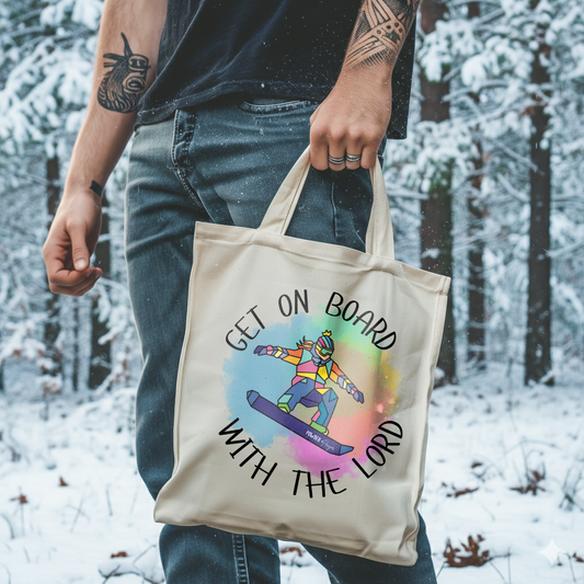 get on board with the lord tote bag, Christian apparel, Cute faith bags, faith based gifts, Religious church, Jesus, Lord, Bible study, Bible bag