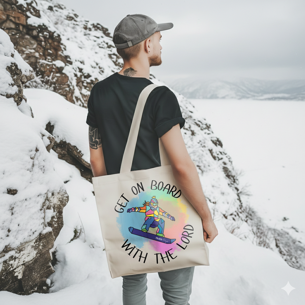 get on board with the lord tote bag, Christian apparel, Cute faith bags, faith based gifts, Religious church, Jesus, Lord, Bible study, Bible bag