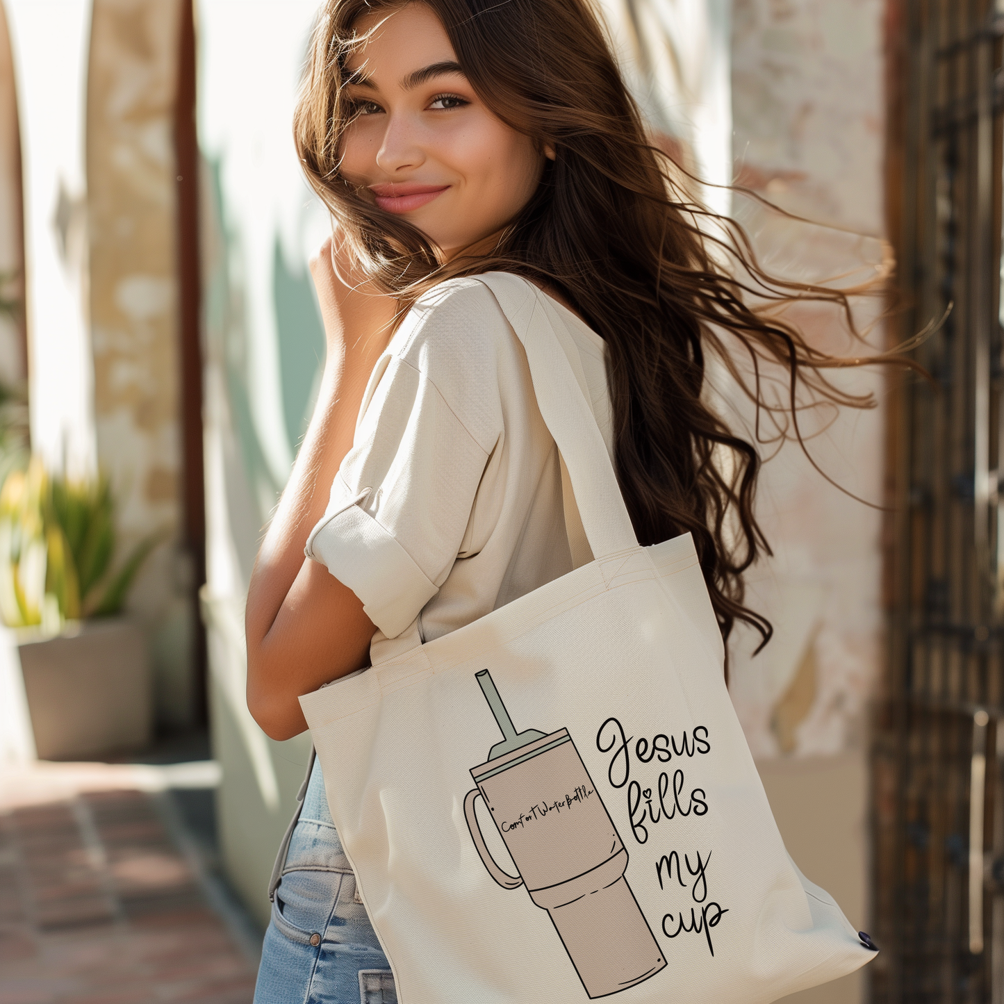 Jesus fills my cup tote bag