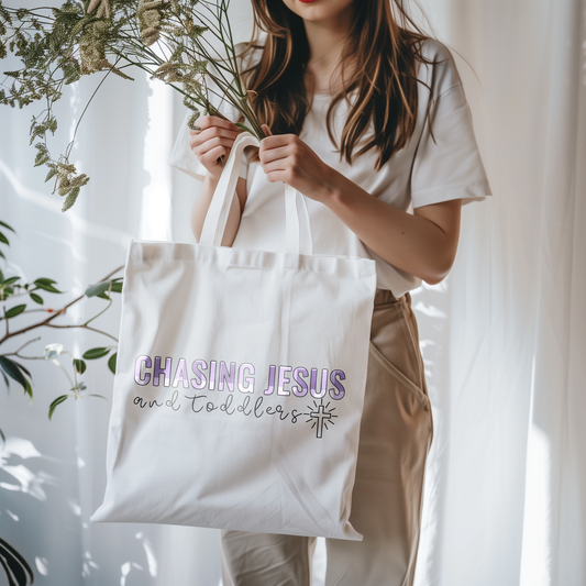 Chasing Jesus and toddlers tote bag, Christian apparel, Cute faith bags, faith based gifts, Religious church, Jesus, Lord, Bible study, Bible bag